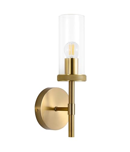 Image of Set of 2 Modern 13 Inch Brushed Gold Wall Sconces Satin Brass Finish Clear Glass Brushed Brass Wall Sconce, Hardwired Sconce Light Fixtures for Bathroom, Vanity, Living Room, Bedroom (Bulb Included)
