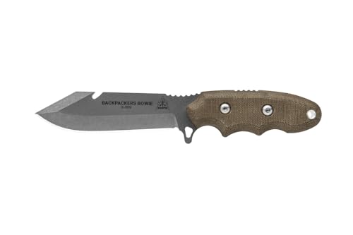 Tops Knives Backpackers Bowie Full Tang Fixed Blade- Tumble Finish-Black Kydex Sheath w/Rotating Spring Steel Clip (Green Canvas Micarta Handle)