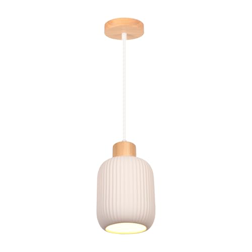 LIGKIN Lámpara Colgante de Cerámica E27 Lámpara de Araña Creativo Pantalla de Cerámica Blanca Lámpara de Techo Retro Luz de Madera para Dormitorio Cocina Comedor, Ф15cm