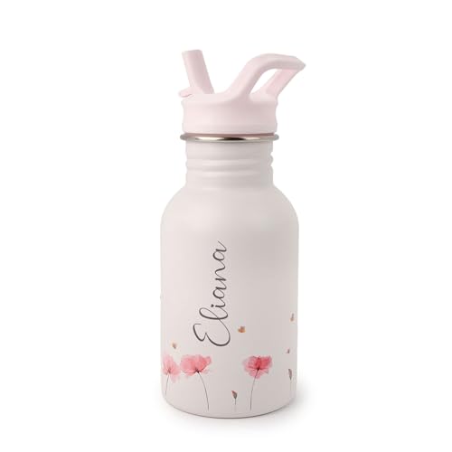 J.Børn Personalisierte Flasche mit Strohhalm für Kinder 350ML | Handgemalte Designs | Einhäutige lebensmittelechte Edelstahlflasche | Leichte Wasserflasche | Auslaufsichere Flasche (Mohnblumen)
