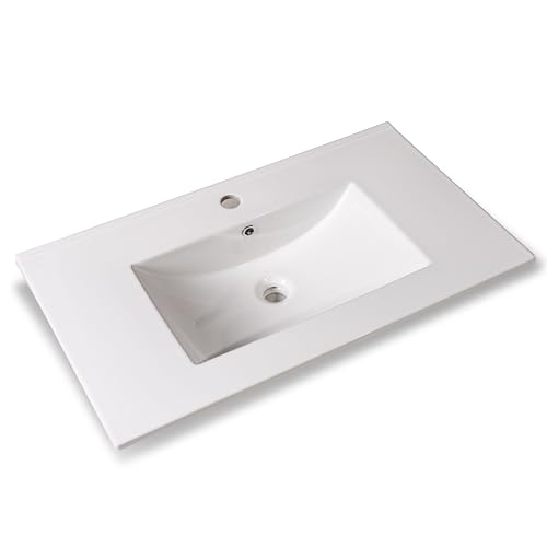 LAV-003 | Lavandino da Appoggio Design Moderno | Lavabo ad incasso in ceramica | Rettangolare | Finitura Bianco Lucido | Lavamani senza Piletta | Bacinella Sanitari Bagno (80x46 cm)