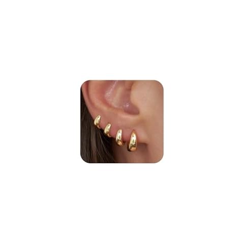 CHESKY 4 Pairs Gold Hoop Earrings Set for Women Trendy, Chunky Huggie Hoop Earrings 14K Gold Filled Hypoallergenic Small Hoop Earrings Thick Cartilage Earrings Stack for Multiple Piercing Jewelry Cover
