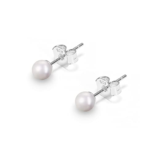 Gold Gala Pendientes de Perlas Blanca Plata de Ley 925 para Mujeres, Cierre Presión Hipoalergénicas (4 mm)
