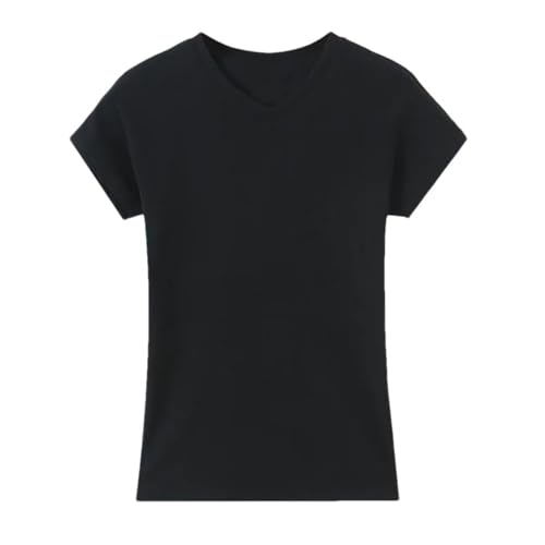 T-shirt col en V manches courtes pour femme en coton léger noir