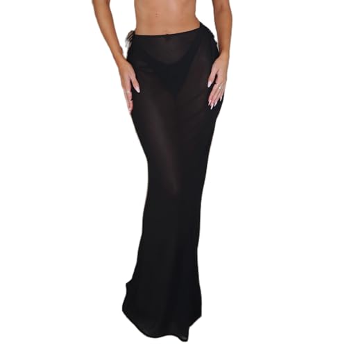 Women's Sheer Mesh Maxi Skirts High Waisted See-Through Long Tulle Skirt Summer Beachwear Bikini Cover Up