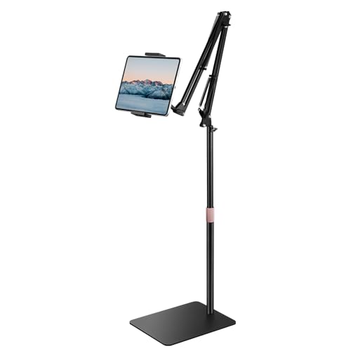 Fintie Tablet Floor Stand - Overhead Bed Universal 360 Degree Rotatable iPad Holder with Adjustable Height and Heavy Duty Metal Base, Fits for iPhone, iPad, Galaxy Tab and Other 6”-13” Devices, Black