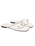 OYOANGLE Women's Square Toe Pearl Flip Flops Summer Leather Thong Sandals Slip On Flat Sandals White 7.5