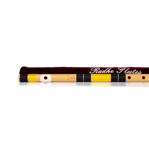 Image of Radhe Flutes | E Natural Right Handed Base Bansuri | Tuned With Tanpura A=440Hz | PVC Flute + Velvet Cover + Hindi & English Flute Lessons | PERENT (Beige Flute With Black & Yellow Threads)