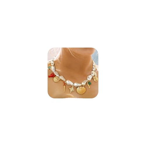 CLASSYZINT Gold Seashell Charms Necklace Simulated Pearl Cherry Ocean Charms Adjustable Necklace for Women