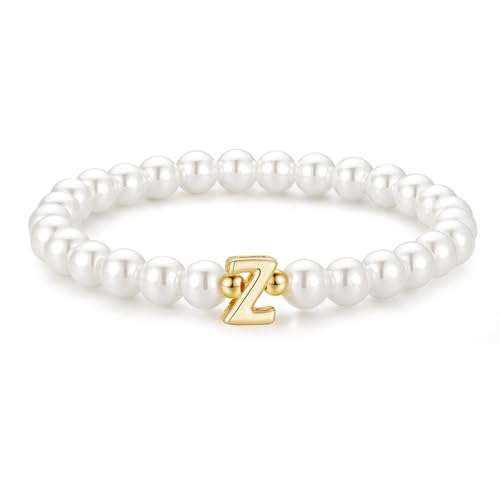 Image of M MOOHAM Initial Bracelet for Women - Dainty Beaded Pearl Charm Bracelets for Women Trendy Charm Letter Initial Z Personalized Pearl Jewelry Gifts