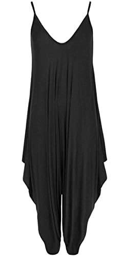 Ladies Summer All In One Wear Italian Drape Relaxed Fit Baggy Playsuit Women’s Sleeveless Cami Strappy Neck Jumpsuit Italian Lagenlook Style Playsuit Jumpsuit (Black UK 12-14)