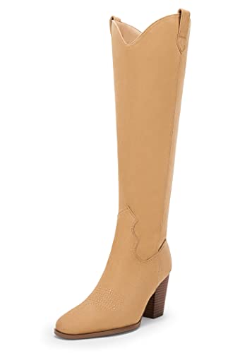 Women Cowboy Knee High Boots Suede Chunky Block Heel Square Toe Tall Riding Boots #TOP1