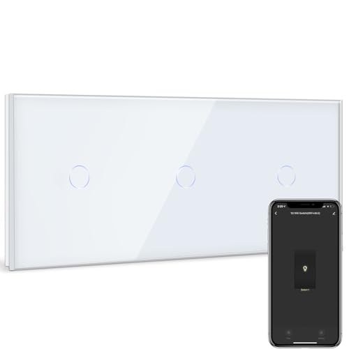 BSEED WiFi Interruptor de Luz 1 Gang 2 Vías Triple Interruptor Inteligente con panel de vidrio Blanco,Compatible con Alexa y Google Home, Control de APP y Función de Temporizador-Neutral Requerido
