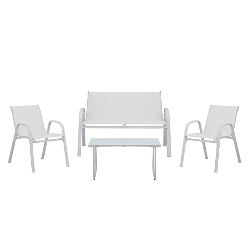 Totò Piccinni Set MARSIGLIA salottino completo di divano 2 poltrone e tavolino in metallo e textilene (Bianco)