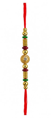 Image of NBR Rakhi with Gold Beads, Red Thread, Crystal Centre and MultiColoured Beads for Bhai and Bhabhi- Pack of 4