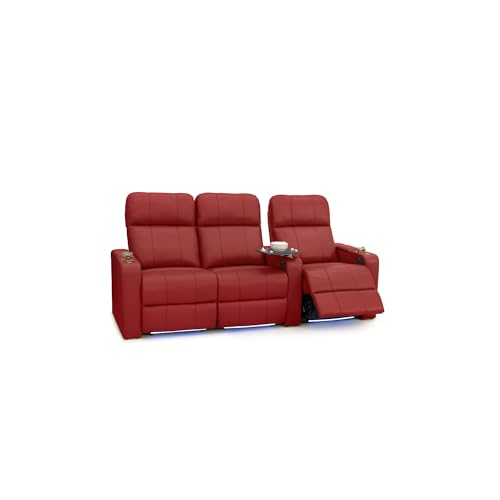 Image of Seatcraft Monterey Red Italian Leather Home Theater Seating, Zero Gravity Power Recliner, Gaming and Home Office Chair, Powered Headrest Furniture for Family Cinema Room, Row of 3 Left Loveseats