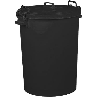 Neat. Black 110 L Plastic Dustbin, Large Heavy-Duty Weather Resistant and Food Grade Trash Can Garbage Bin With 2 Clip Locking Lid for Indoor Outdoor Storage Container of Animal Feed, Pack of 3