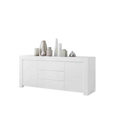 Meublorama Buffet de 2 Puertas y 3 cajones, colección ZEFIR, Color Blanco Mate, Sala de Estar.