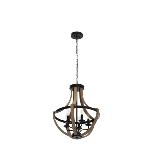 17.7\" Modern Farmhouse Geometric Chandelier Light Fixture, 5-Light Adjustable Height Rustic Hanging Pendant Lighting for Dining Room Foyer Kitchen Island, Retro Wood Texture and Black Finish