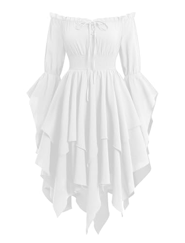 EFOGEP Renaissance Kleid Damen Mittelalter Kleid Viktorianisches Gothic Kleid Off Shoulder mit Glockenärmeln Vintage Cosplay Kostüm für Karneval Fasching Halloween Festival Weiß S