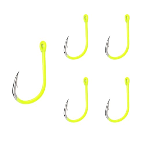 FONGKNOX 50 Pcs Isema Fishing Hook with Ring Fluorescence Coated Eyed Fishing Hook High Carton Steel Durable Sharpness Barbed 5H Hardness Bend Freshwater Saltwater Sea Fishing Trackle Size 1/0 - Image 2