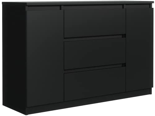 meble masztalerz Kommode Schwarz Matt mit 3 Schubladen und 2 Türen 140 cm, Sideboard Wohnzimmer, Schlafzimmer H: 78,2 cm, B: 140 cm, T: 39 cm Kommode mit Schubladen, Schubladenschrank Cover
