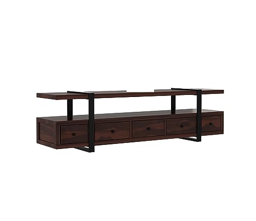 Image of Rustic Sheesham Wood & Metal TV Unit with 5 Drawers, 1 Shelf, and Storage for up to 70-inch TV - Perfect for Your Living Room (Arsenal, Walnut Finish)