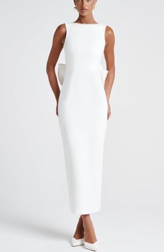 SHANDUAO Satin Pearl Brides Dress with Bow on Back Tea Length Bodycon Formal Evening Party Dress with Slit ZM0492