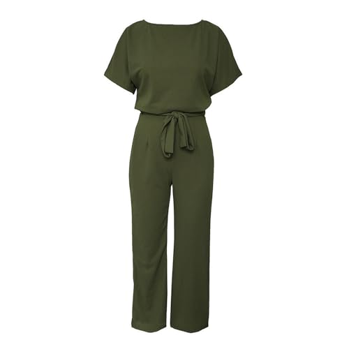 Coloody Damen Lang Jumpsuit Overall Hosenanzug Elegant Romper Kurzarm Rundhals Playsuit mit Gürtel Hosenanzug Breite Weites Bein Overall