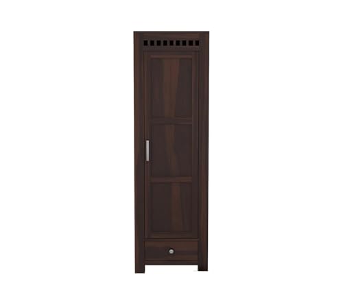 Image of Sheesham Wood Wooden Single Door Wardrobe Organizer for Clothes | - Solid Wood Almirah with 1 Drawers, 4 Shelves - Cupboard for Large Bedroom, Walnut Finish