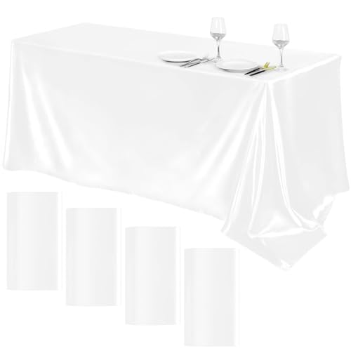 Image of TURSTIN 4 Packs Satin Tablecloth 102 x 58 Inch Overlay Satin Table Cover Rectangle Bright Silk Tablecloth Smooth Fabric Table Decoration for Wedding Banquet Party Events, White