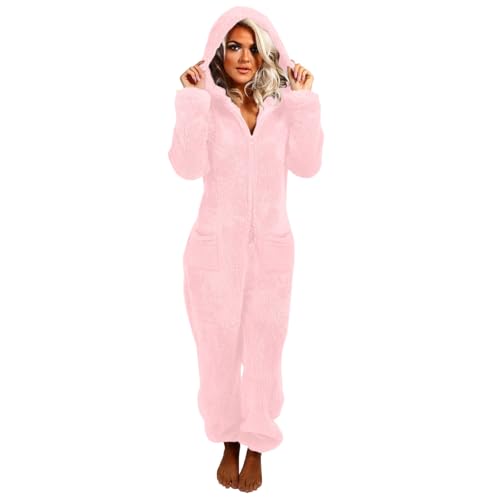 Hvyesh Onesie Pajamas for Women Adult Fuzzy Fleece Womens Onesie Cozy Sherpa Winter Warm Lounge Romper Loungewear Pink S Christmas