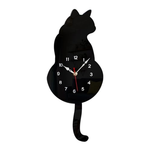 Black-Cat Pendulum Wall Clock with Moving Tail, Whimsical Funny Cat Clock Easy Install
