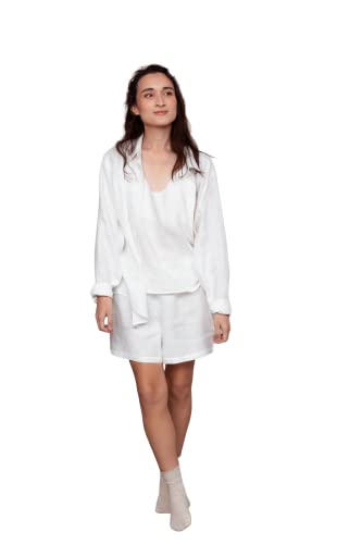 Pyjama bio en lin femme ensemble 3 pièces haut de salon blanc et short vêtement de nuit été