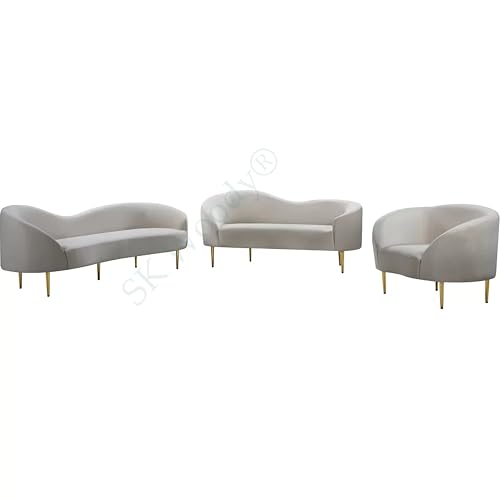 Image of Rosewood Luxury Curved Sofa in Premium Velvet-Fabric | Solid Wood Structure | High Density Foam | Sturdy Golden Legs | Comfortable & Stylish Couch for Modern Living Room (Cream, 1 Seater)