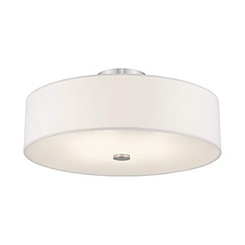 Image of Livex Lighting 51055-91 4-Light Semi Flush Ceiling Light, Brushed Nickel | Off-White Fabric Hardback Drum Shade