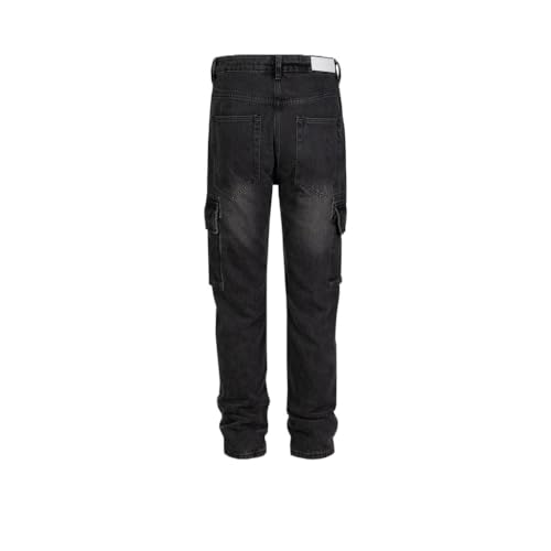 Black Gray Multi Pocket Straight Leg Pants, Unisex Washed and Ground White Jeans2