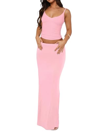 Image of Two Piece Skirt Set for Women - Sexy Sleeveless Spaghetti Strap Pleated Tank Top Maxi Long Skirts Sets