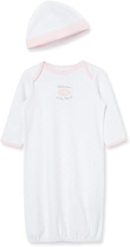 Image of Little Me Clothes for Baby Girls' 2-Piece Nightgown and Cap Set 100% Cotton with Elastic Bottom, Baby Essentials, 0-3 Months