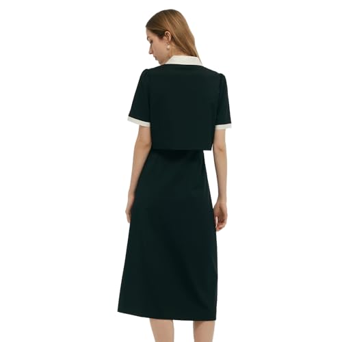 Women Work Dresses Short Sleeve V-Neck Blazer Midi Dress Business Casual Faux Two-Piece Wedding Guest Outfits2