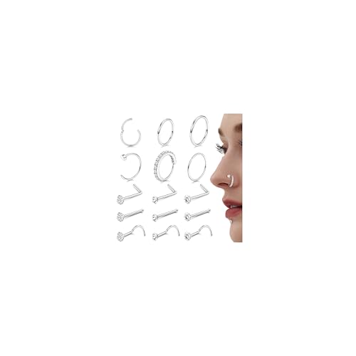 YADOCA 15 Piezas Piercing Nariz Acero Quirurgico Piercing Nariz Aro Hipoalergénico Anillos de Nariz Plata Oro Mujer Hombre Joyeria Nostril Piercing