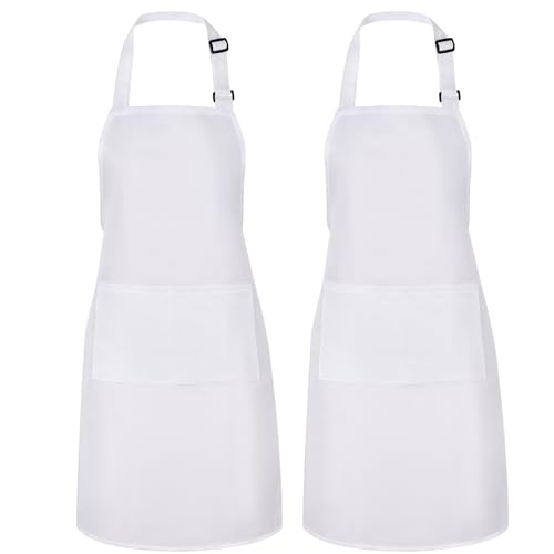 Xialvyu 2 Stück Schürze für Damen Männer, Kochschürze Weiß Koch Schürze, Unisex Verstellbarem Küchenschürze mit 2 Taschen für Kochen,Hausarbeit,Malen,Backen(Weiß)