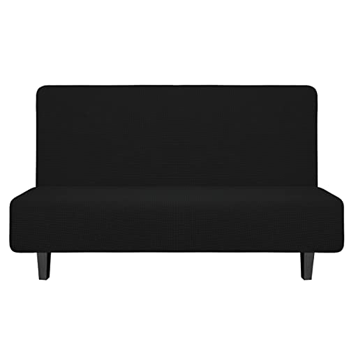 Image of Easy-Going Stretch Medium Futon Slipcover Armless Futon Cover Black | Sofa Bed Furniture Protector Without Armrests with Elastic Bottom for Kids, Soft Jacquard Machine Washable