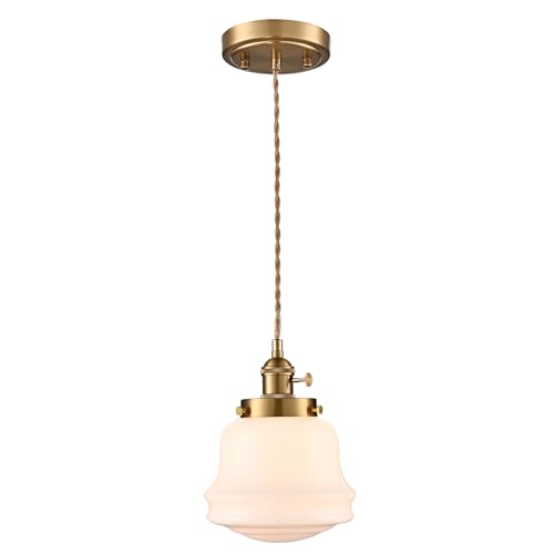 AXILAND 6 Inch Small Industrial Milk Glass Pendant Light Fixture, Vintage Brass Adjustable...