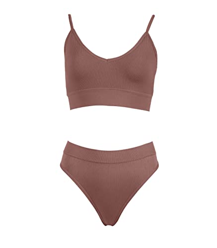 CHOR'S SKIN Seamless Underwear Set Sport Bra With Thong Panties for Women - For Yoga Gym Running Fitness (Bean Paste,Large)