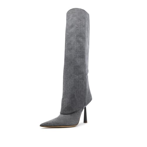 Image of Goolita Fold Over Boots For Women, Pointed Toe Stiletto Heel Knee High Boots Fashion Comfortable Slip On Tall Boots
