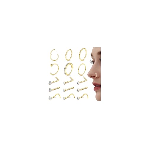 YADOCA 15 Piezas Piercing Nariz Acero Quirurgico Piercing Nariz Aro Hipoalergénico Anillos de Nariz Plata Oro Mujer Hombre Joyeria Nostril Piercing