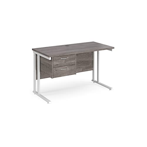 Mr Office Maestro 25 straight desk 600mm deep with 2 drawer pedestal - white cantilever leg, Grey oak, 1200