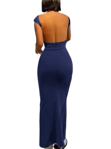 Image of AYWA Womens Sexy Backless Maxi Dress Casual Bodycon Boat Neck Short Sleeve Party Club Long Dresses