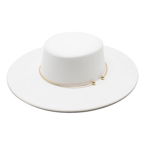 SANSIWU Y2K Fedora-Hut für Damen und Herren, elegant, breite Krempe, einfarbig, klassischer Filzhut mit goldfarbenem Metallband, flache Oberseite, Jazz-Kappe, Streetwear,...